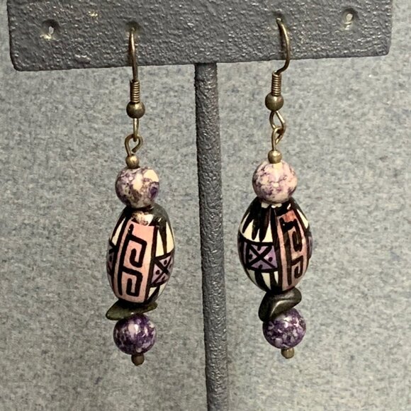 Dangle Pierced Earrings 2 In Pink Black Purple White Hand Painted Tribal Silver - Picture 1 of 4